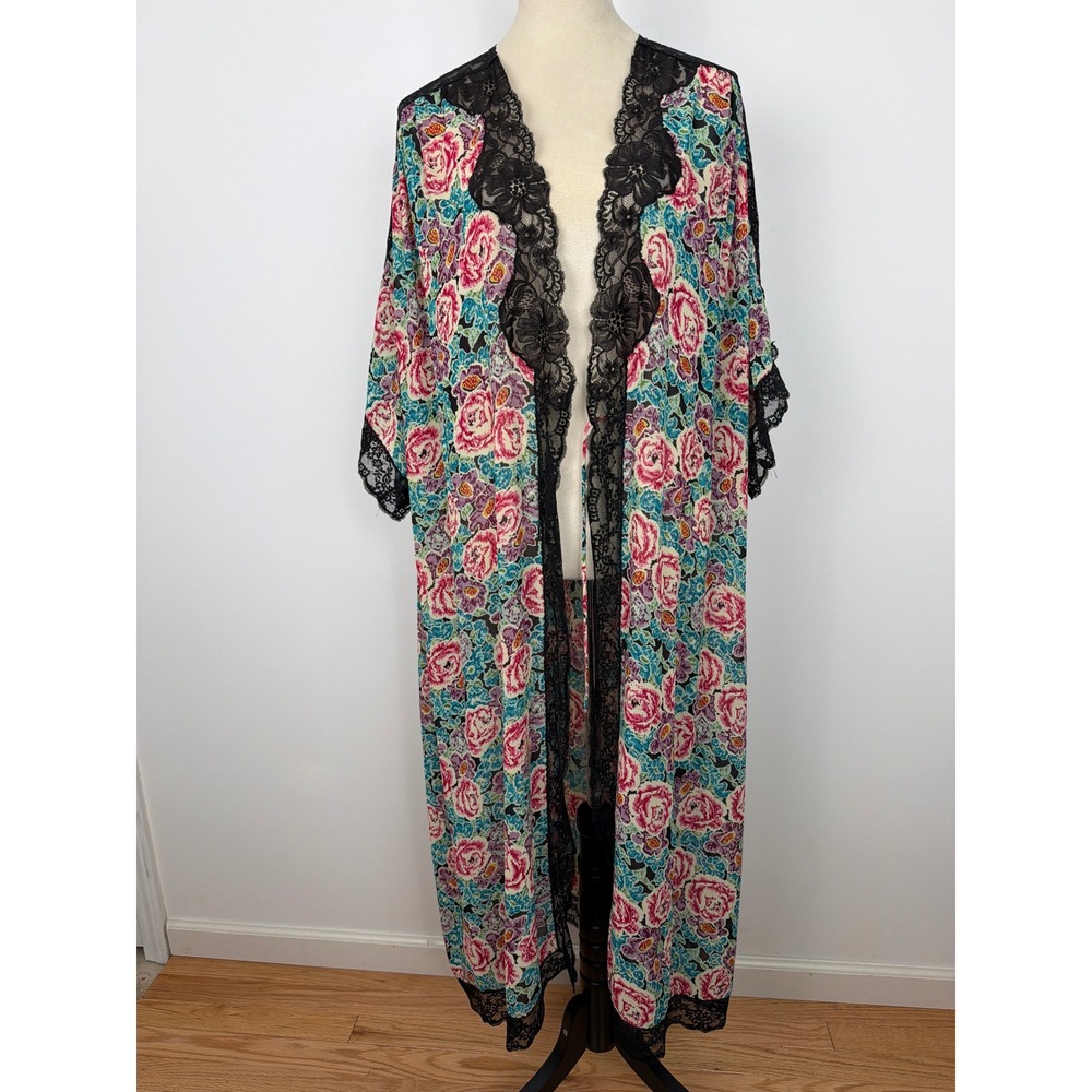 Christian Dior Vintage 80s 90s Lingerie Robe Medium Floral Lace Trim Made in USA